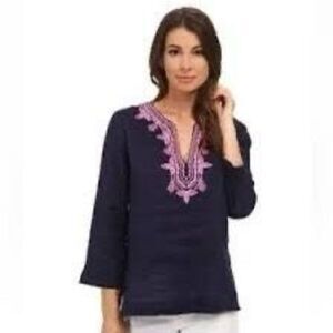 Lilly Pulitzer Amelia Island Top Sz XL 100% Linen Embroidered Blue Pink